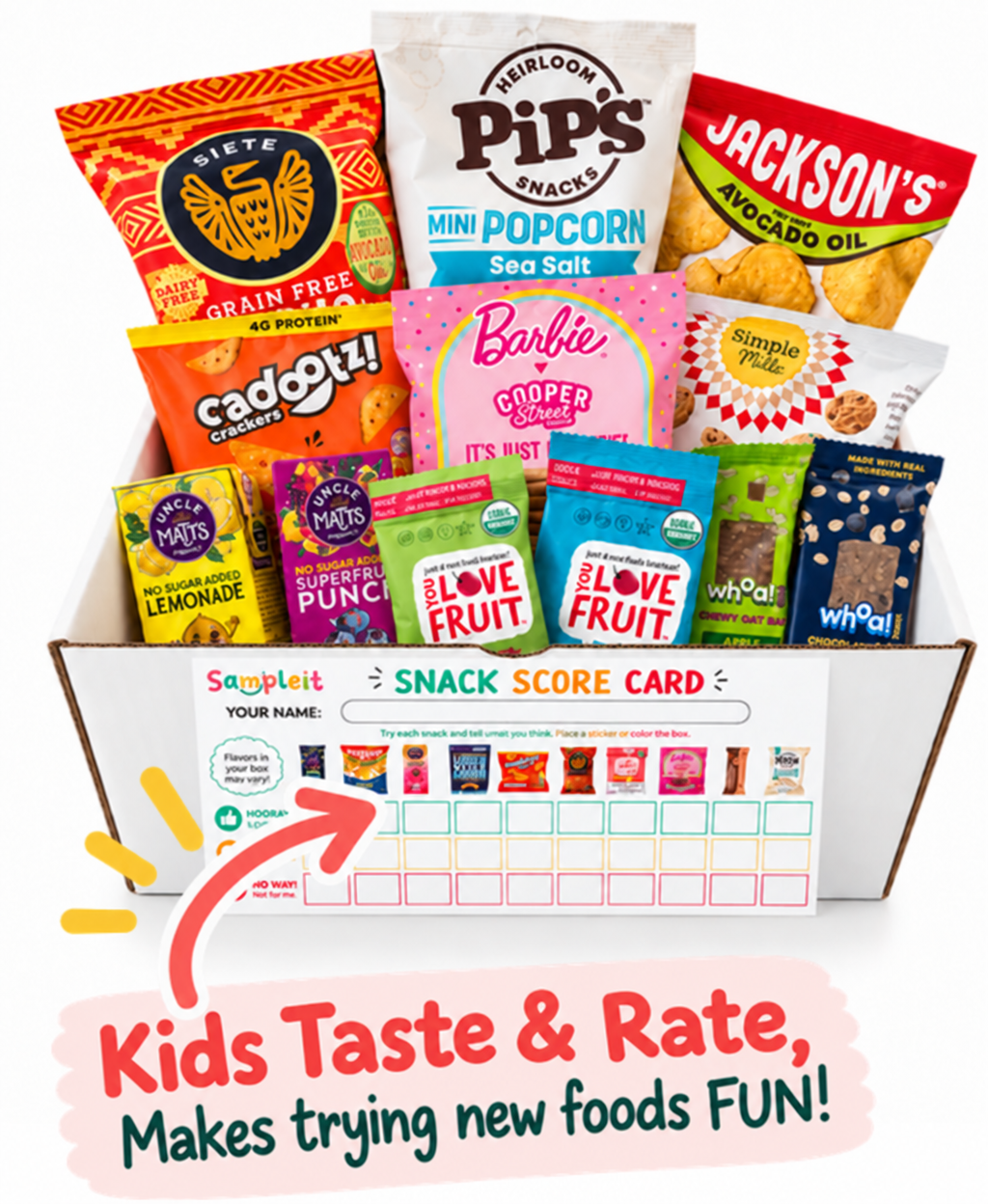 Colorful Sampleit snack box with Kids Taste and Rate scorecard and food discovery message